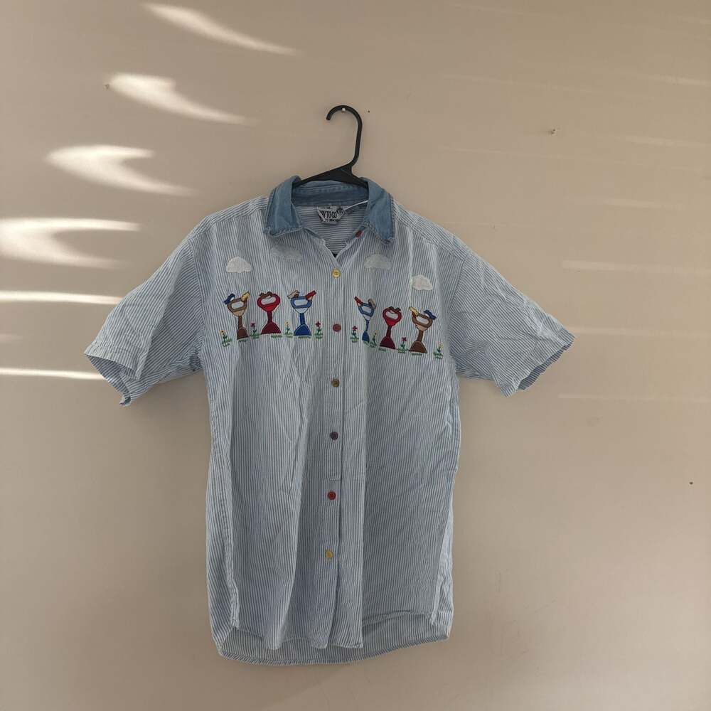 Vintage Way To Go Striped Embroidered Novelty Button-Up Shirt Denim Collar